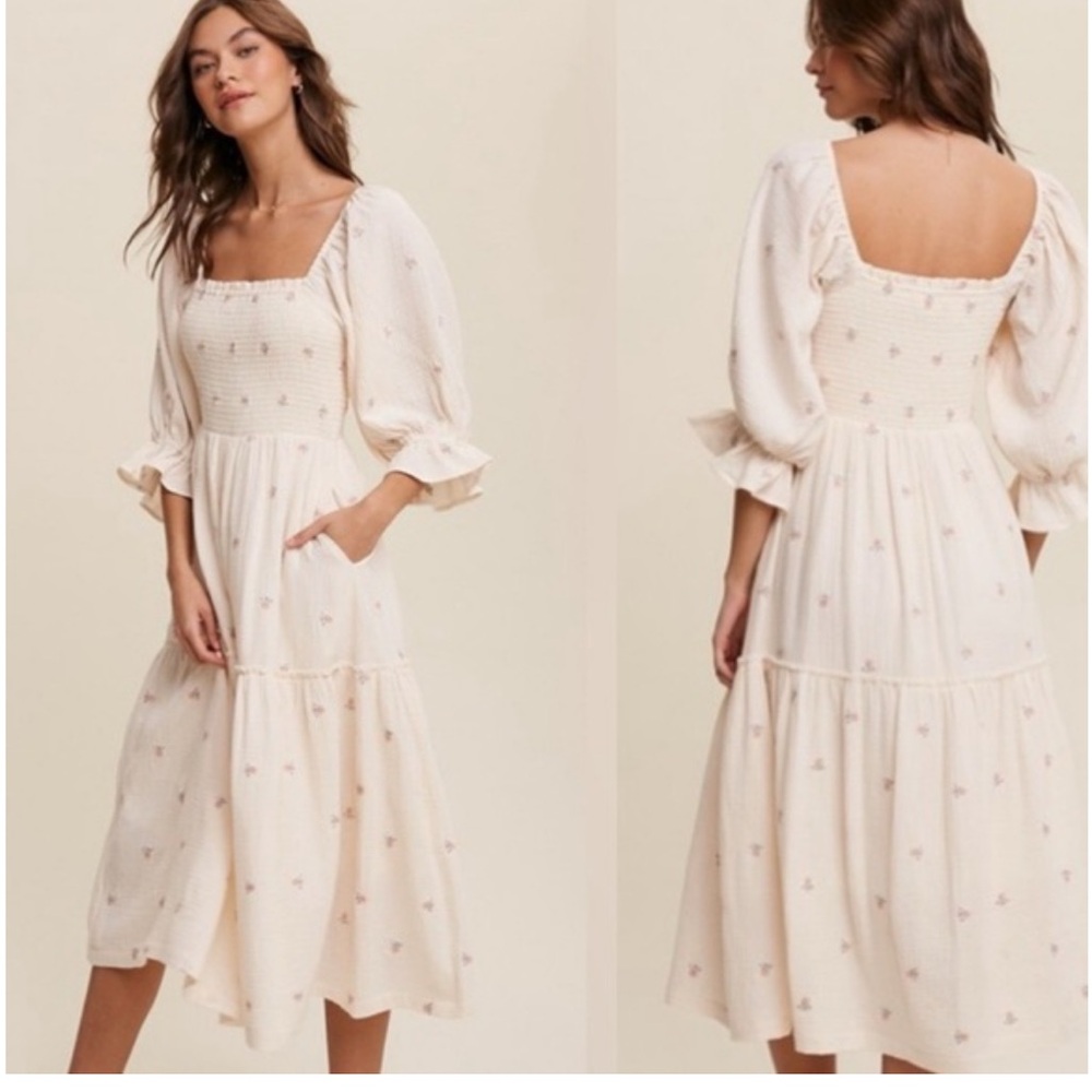 Listicle Cream Embroidered Floral Midi Dress